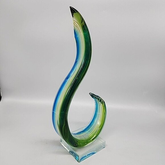 Handblown Mid 20th Century Murano Ribbon Art Glass Sculpture Green Blue 12" - Picture 1 of 6